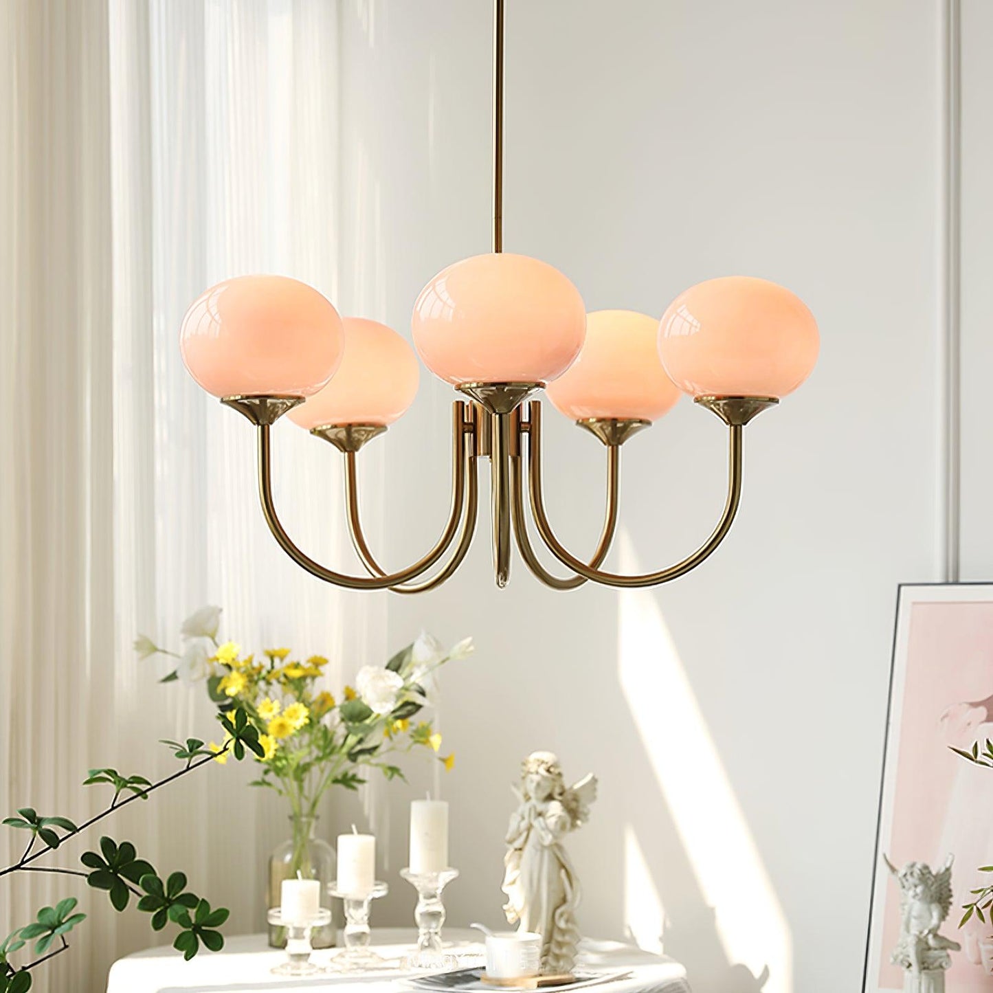 Modern Chandelier | Gold Finish with Pink Glass Shades for Dining Room 2