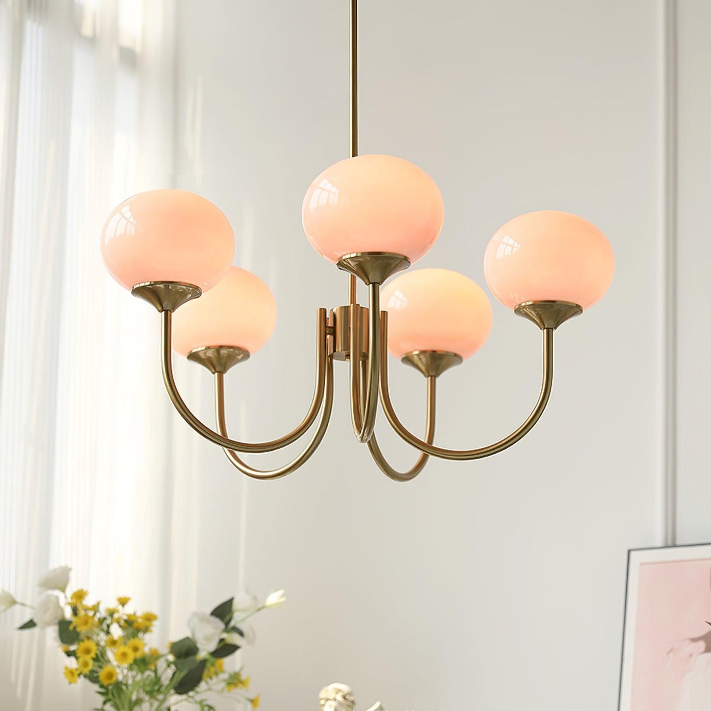 Modern Chandelier | Gold Finish with Pink Glass Shades for Dining Room 3