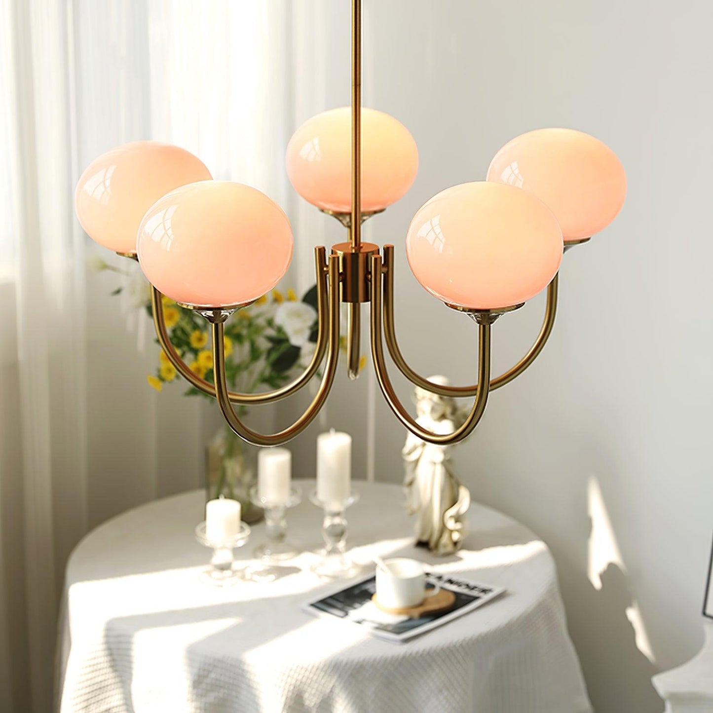 Modern Chandelier | Gold Finish with Pink Glass Shades for Dining Room 4