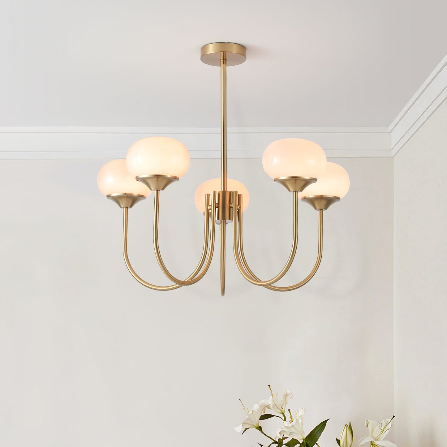 Modern Chandelier | Gold Finish with Pink Glass Shades for Dining Room 6