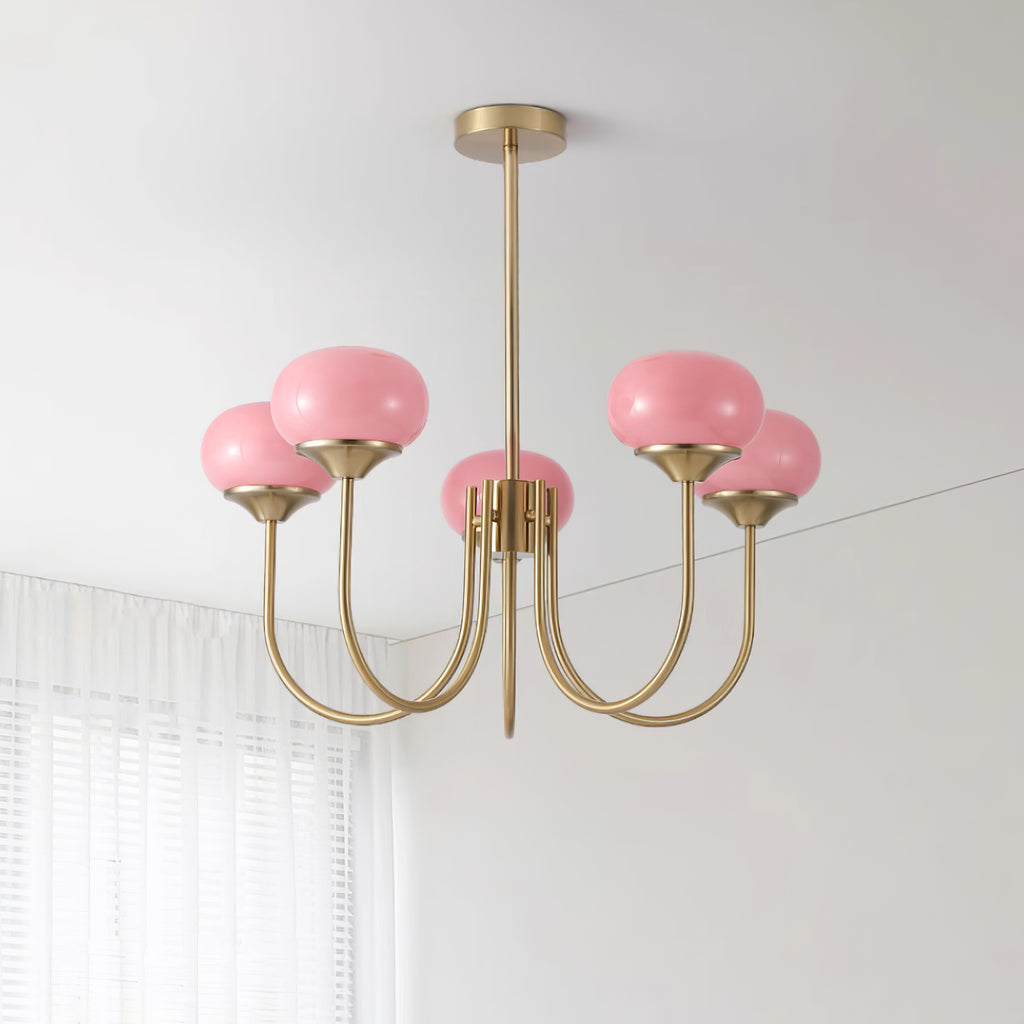 Modern Chandelier | Gold Finish with Pink Glass Shades for Dining Room 7