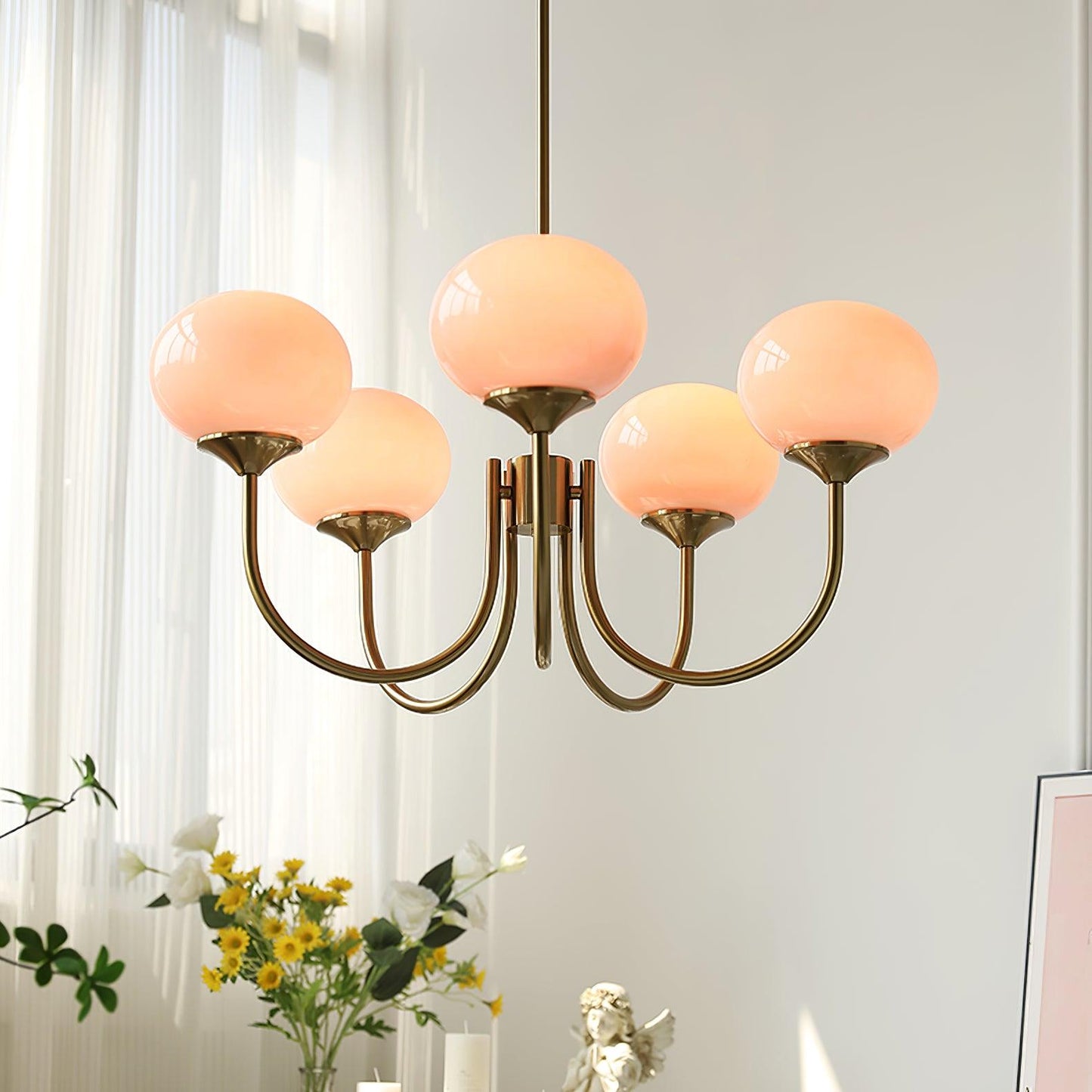 Modern Chandelier | Gold Finish with Pink Glass Shades for Dining Room 8