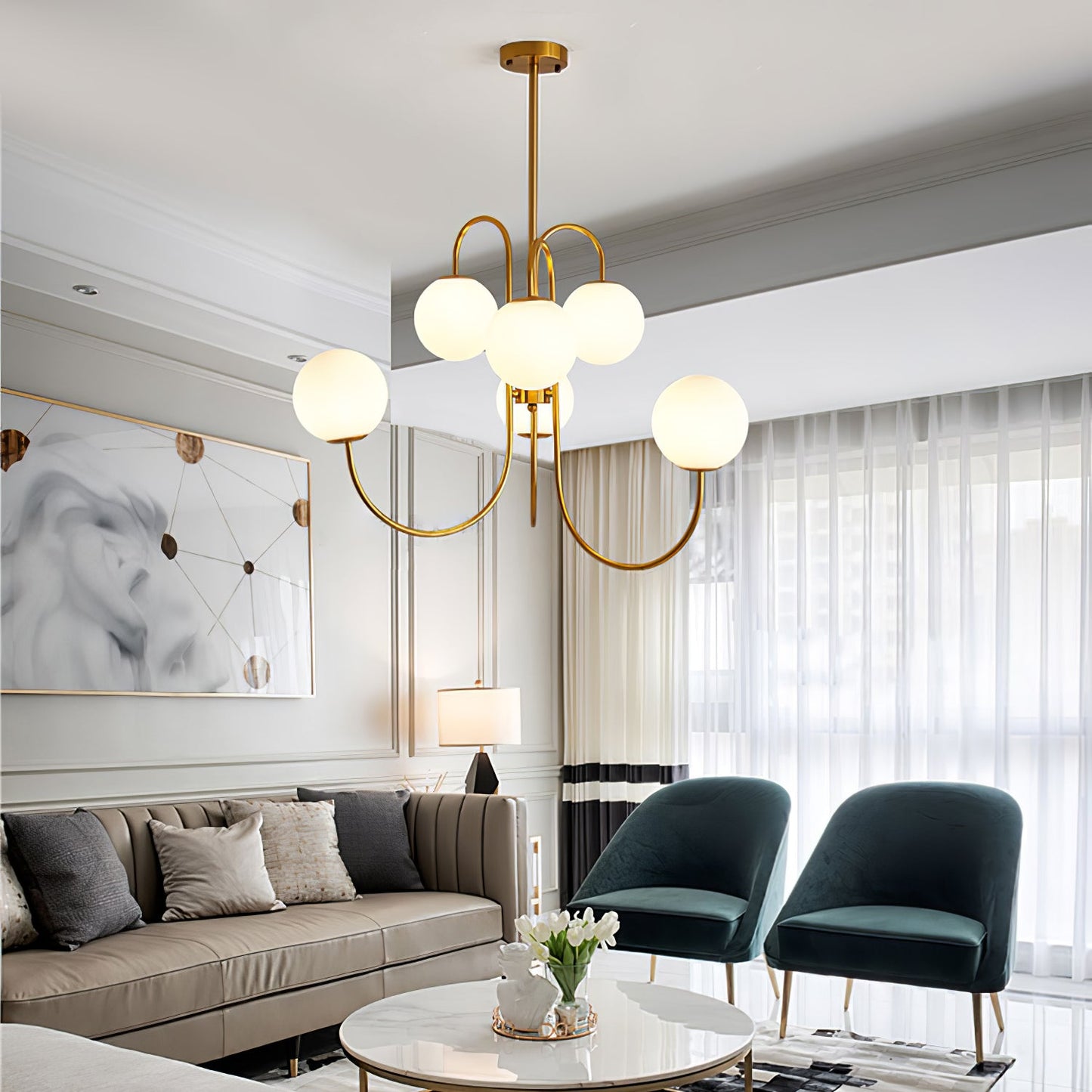 Modern Gooseneck Chandelier | Elegant Wrought Iron with Glass Shades 5