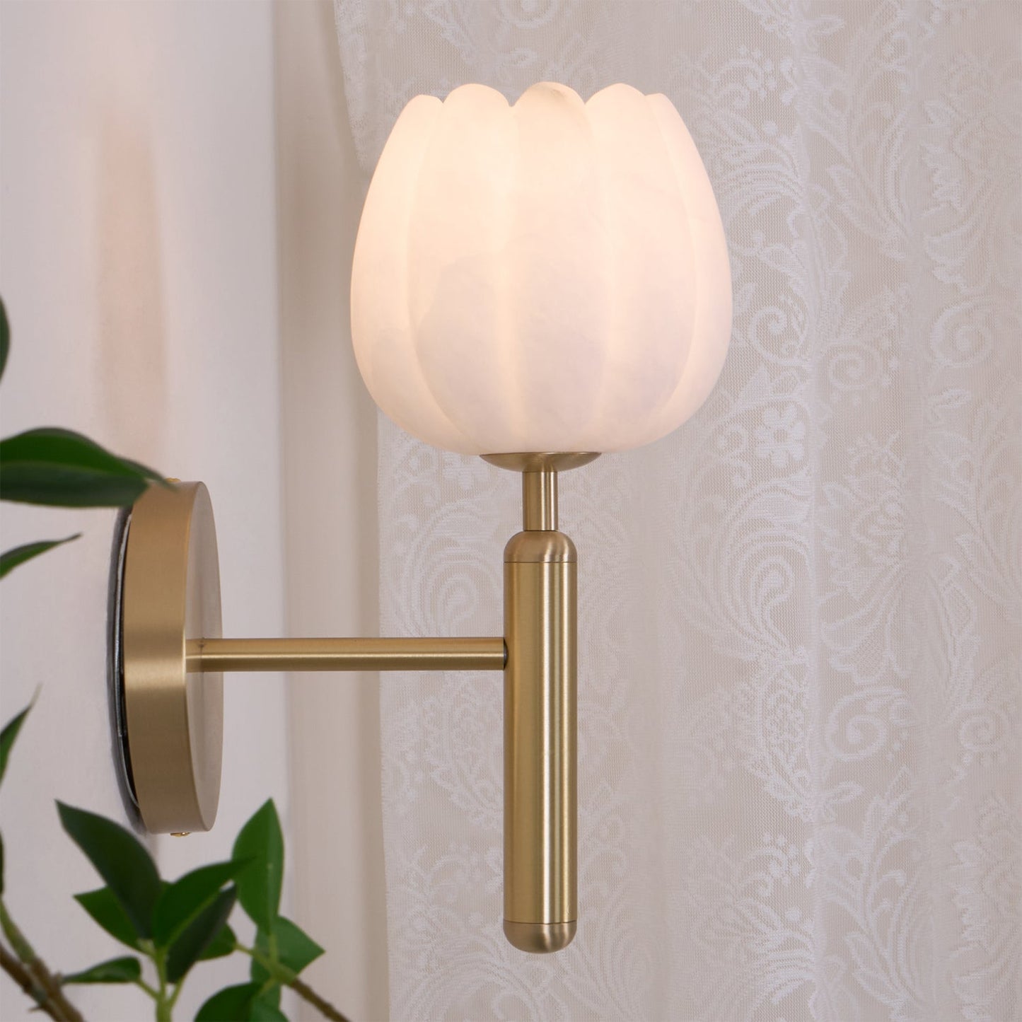 Wall Sconce | Elegant Brass Design with Alabaster Floral Accents 6