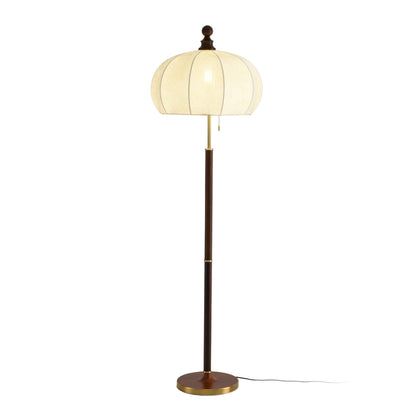 Brass Floor Lamp | Elegant Fabric Shade with Walnut Wood Accents 0