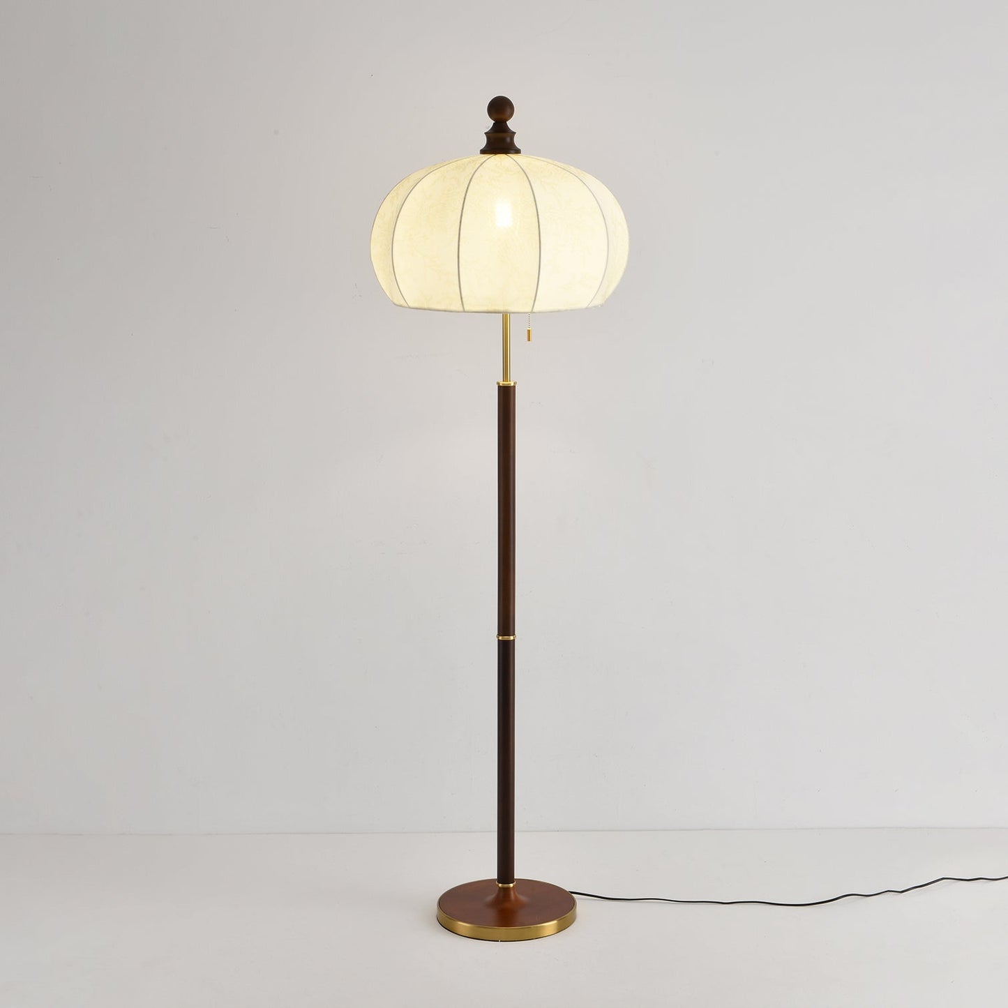 Brass Floor Lamp | Elegant Fabric Shade with Walnut Wood Accents 3