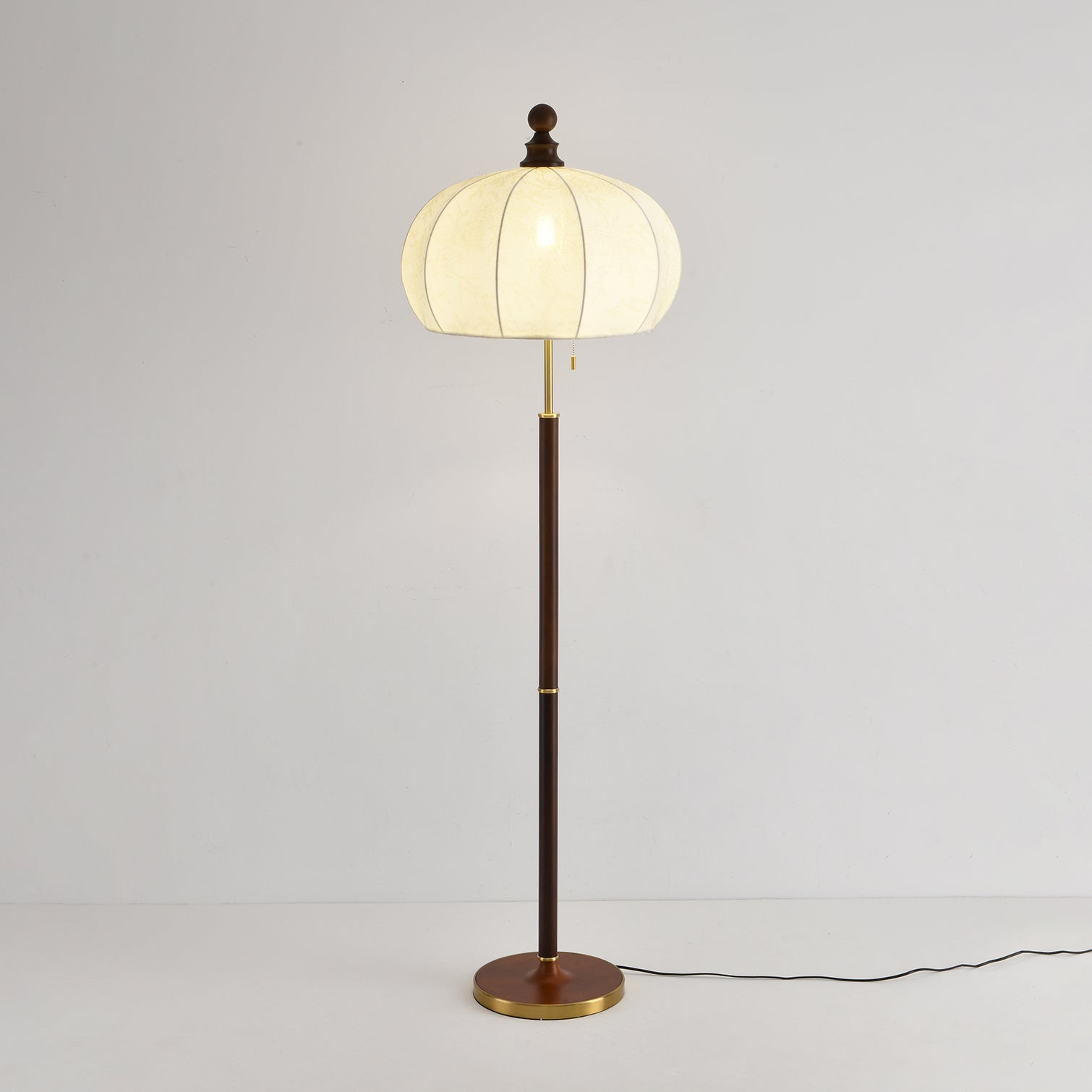 Brass Floor Lamp | Elegant Fabric Shade with Walnut Wood Accents 3