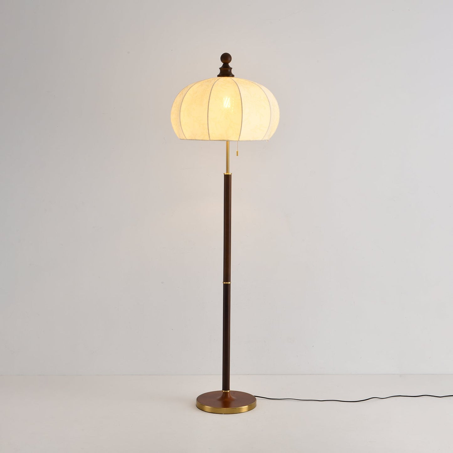 Brass Floor Lamp | Elegant Fabric Shade with Walnut Wood Accents 5