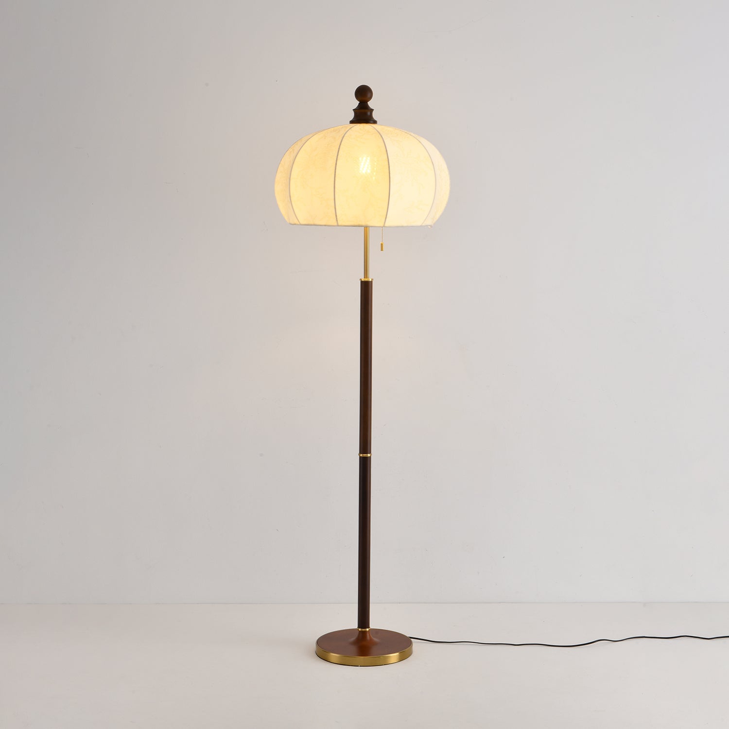 Brass Floor Lamp | Elegant Fabric Shade with Walnut Wood Accents 5