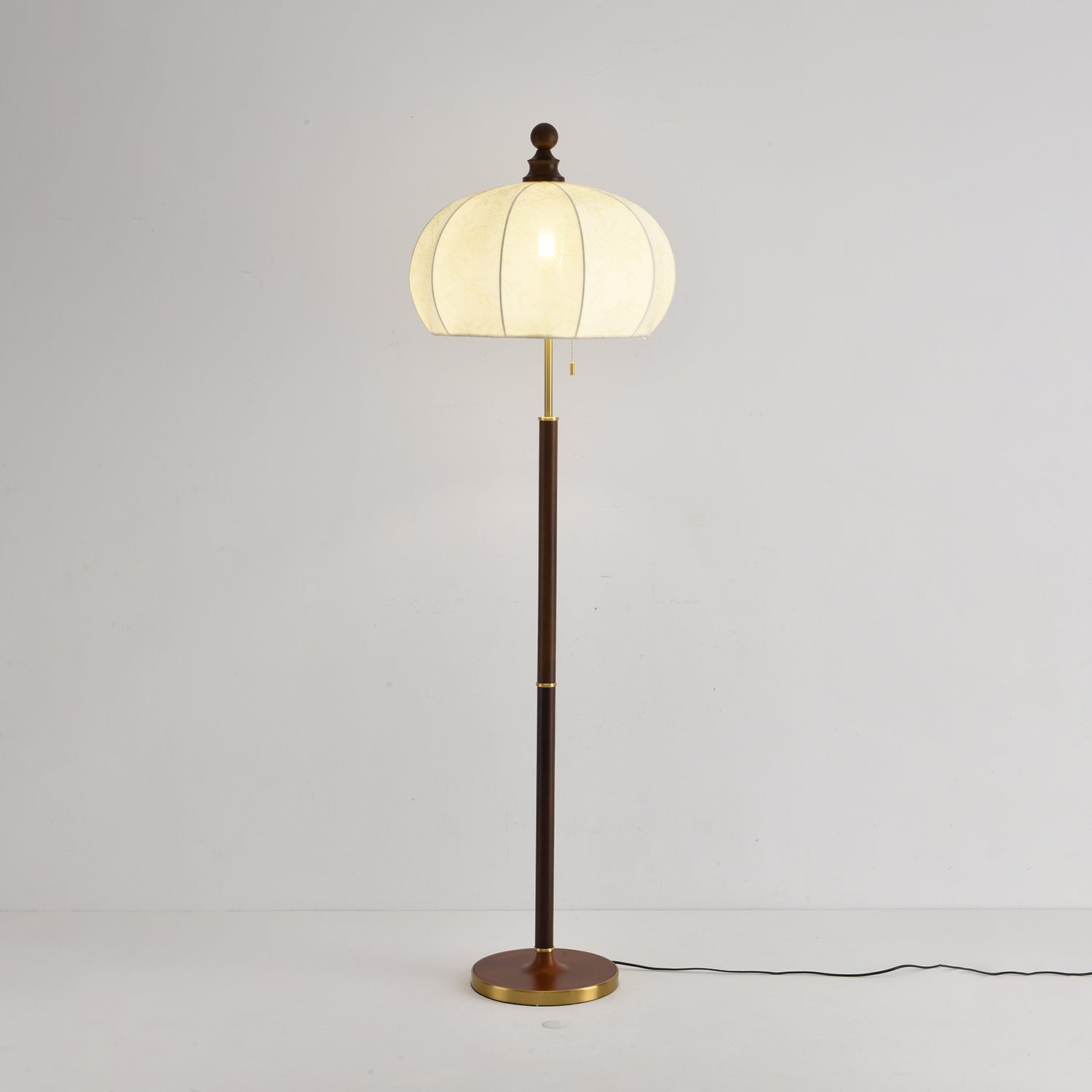 Brass Floor Lamp | Elegant Fabric Shade with Walnut Wood Accents 6