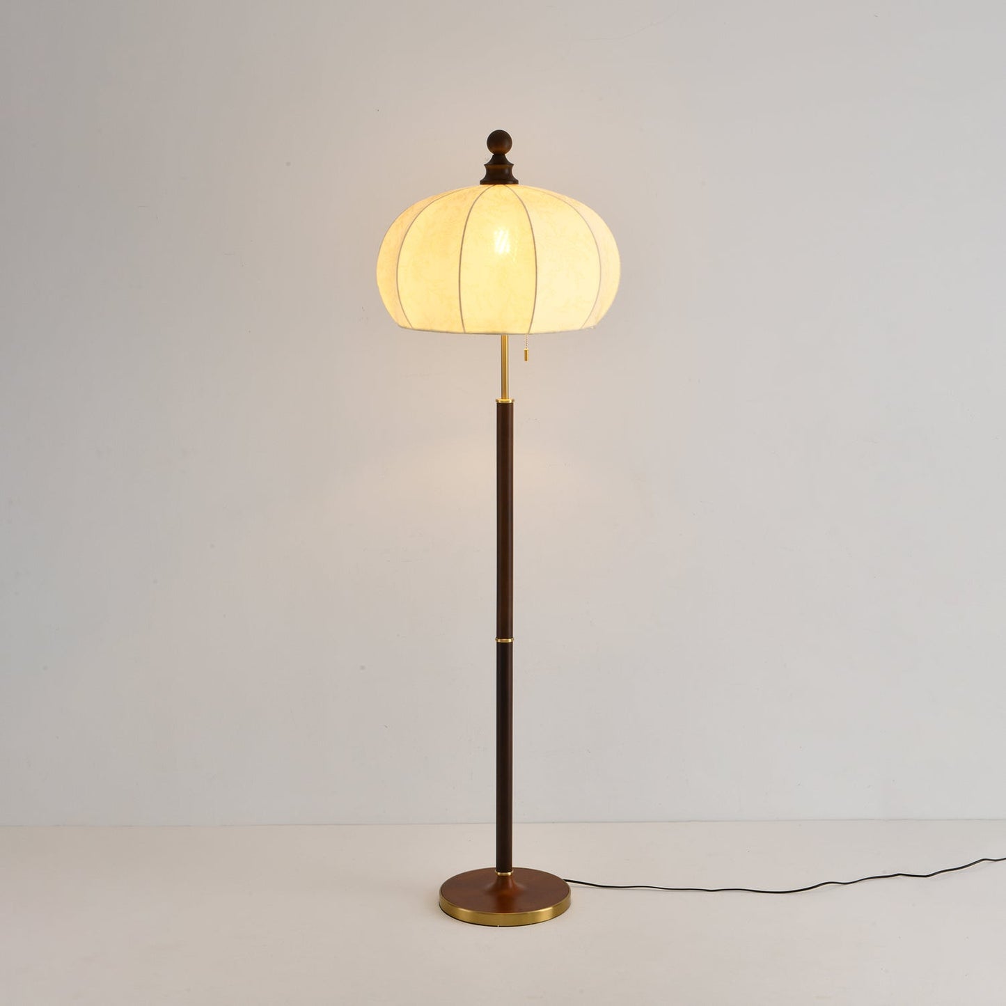 Brass Floor Lamp | Elegant Fabric Shade with Walnut Wood Accents 7