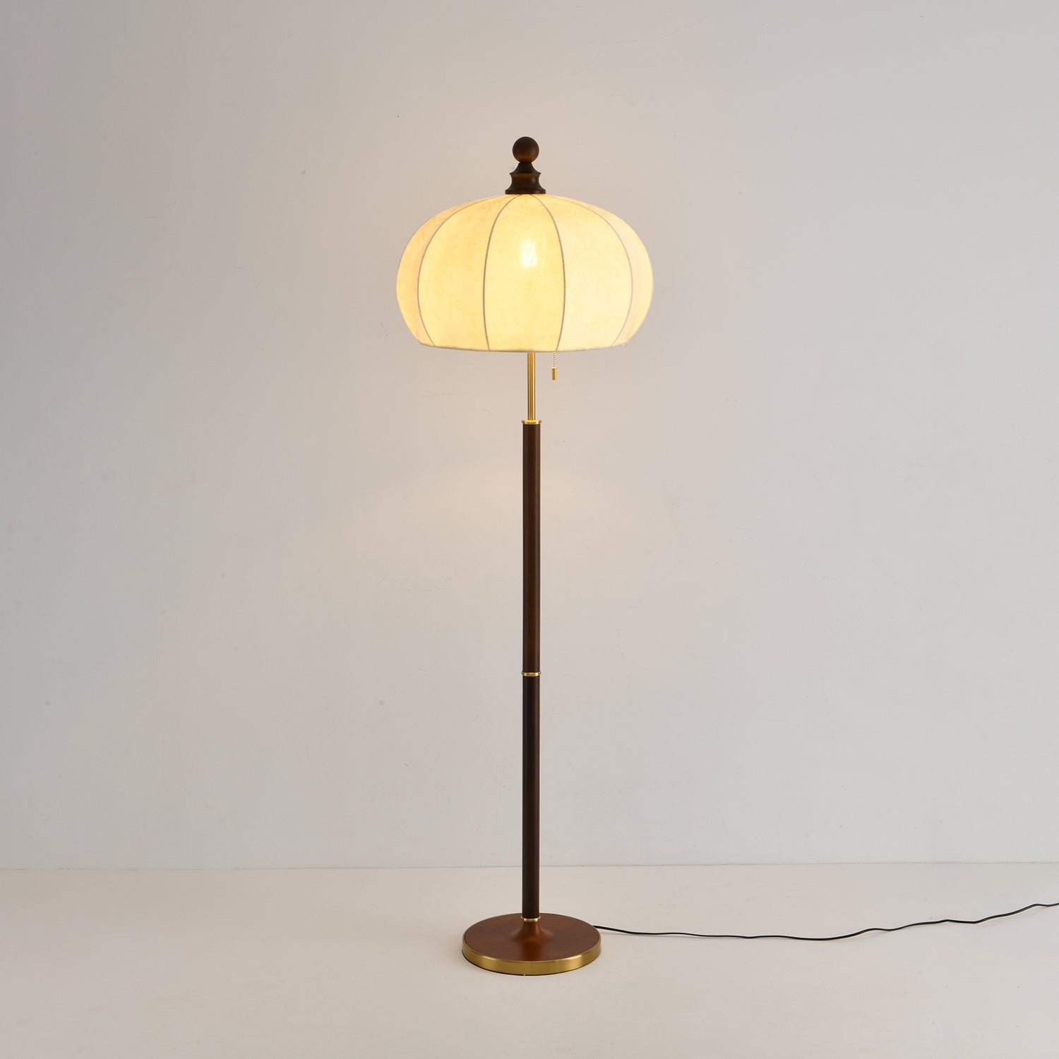 Brass Floor Lamp | Elegant Fabric Shade with Walnut Wood Accents 7