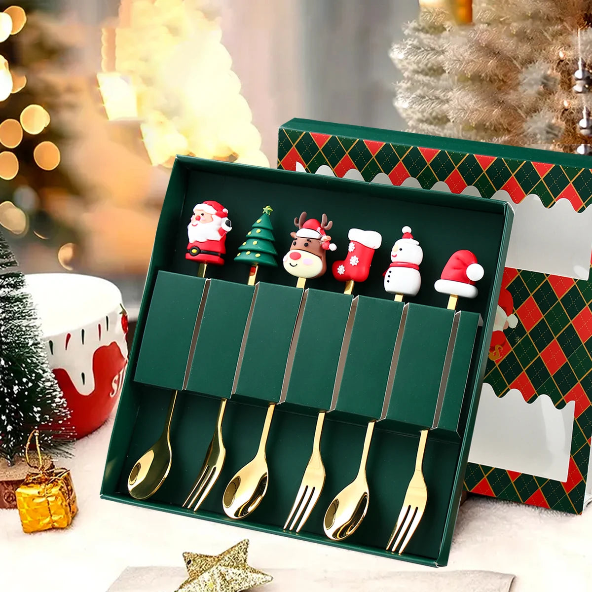 Christmas Cutlery Set | Gold Spoon and Fork with Santa Design 1