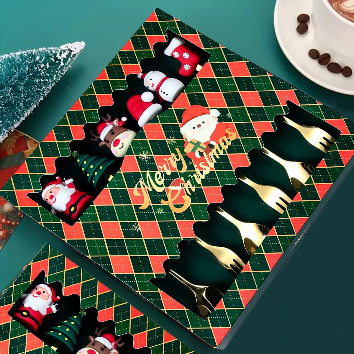 Christmas Cutlery Set | Gold Spoon and Fork with Santa Design 2