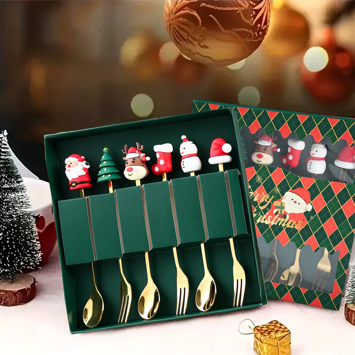 Christmas Cutlery Set | Gold Spoon and Fork with Santa Design 3