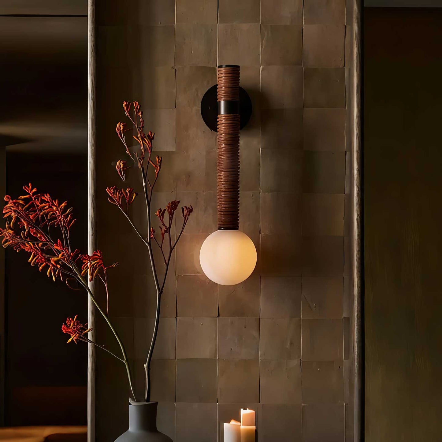 Elegant Modern Wall Sconce | Hand-Wound Leather and Opal Glass 4
