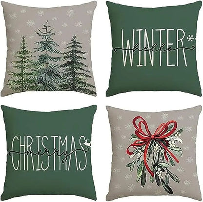 Festive Green Cushion Cover | Merry Christmas Tree Print 45x45 cm 2