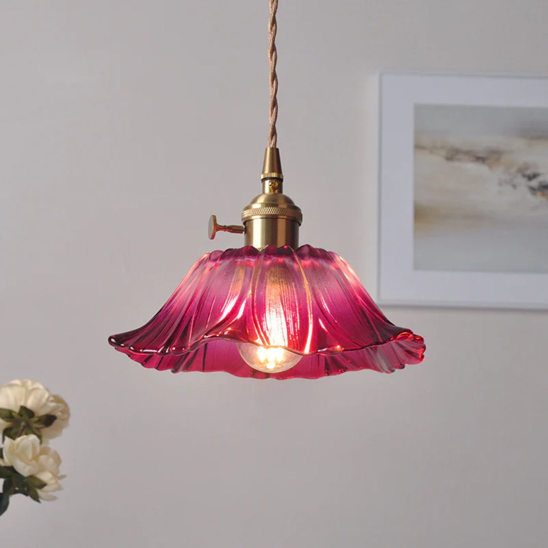Flower Pendant Lamp | Ribbed Glass Shade with Gold Accent 11