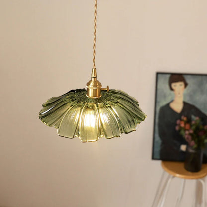 Flower Pendant Lamp | Ribbed Glass Shade with Gold Accent 12