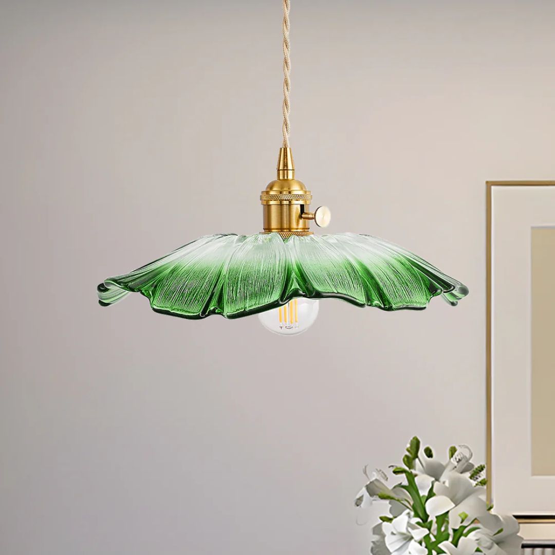 Flower Pendant Lamp | Ribbed Glass Shade with Gold Accent 13