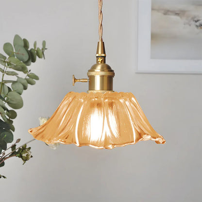 Flower Pendant Lamp | Ribbed Glass Shade with Gold Accent 14