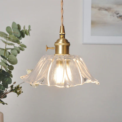 Flower Pendant Lamp | Ribbed Glass Shade with Gold Accent 15
