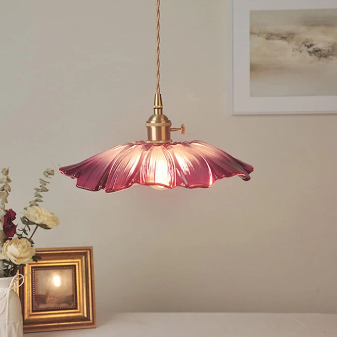 Flower Pendant Lamp | Ribbed Glass Shade with Gold Accent 2