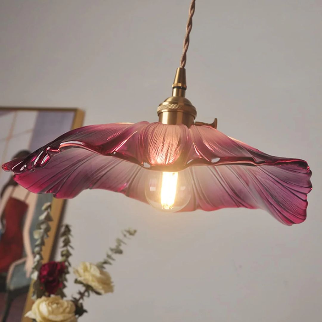 Flower Pendant Lamp | Ribbed Glass Shade with Gold Accent 4