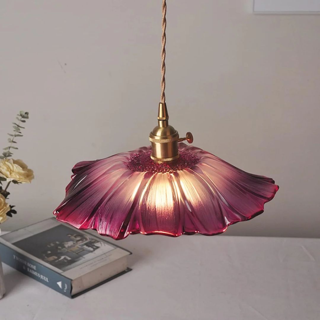 Flower Pendant Lamp | Ribbed Glass Shade with Gold Accent 5
