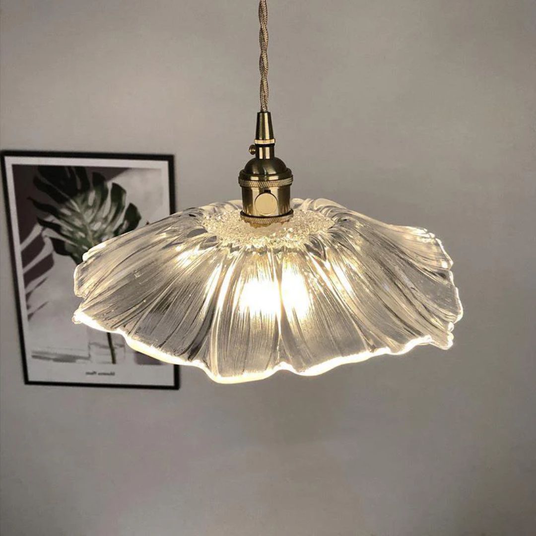 Flower Pendant Lamp | Ribbed Glass Shade with Gold Accent 9