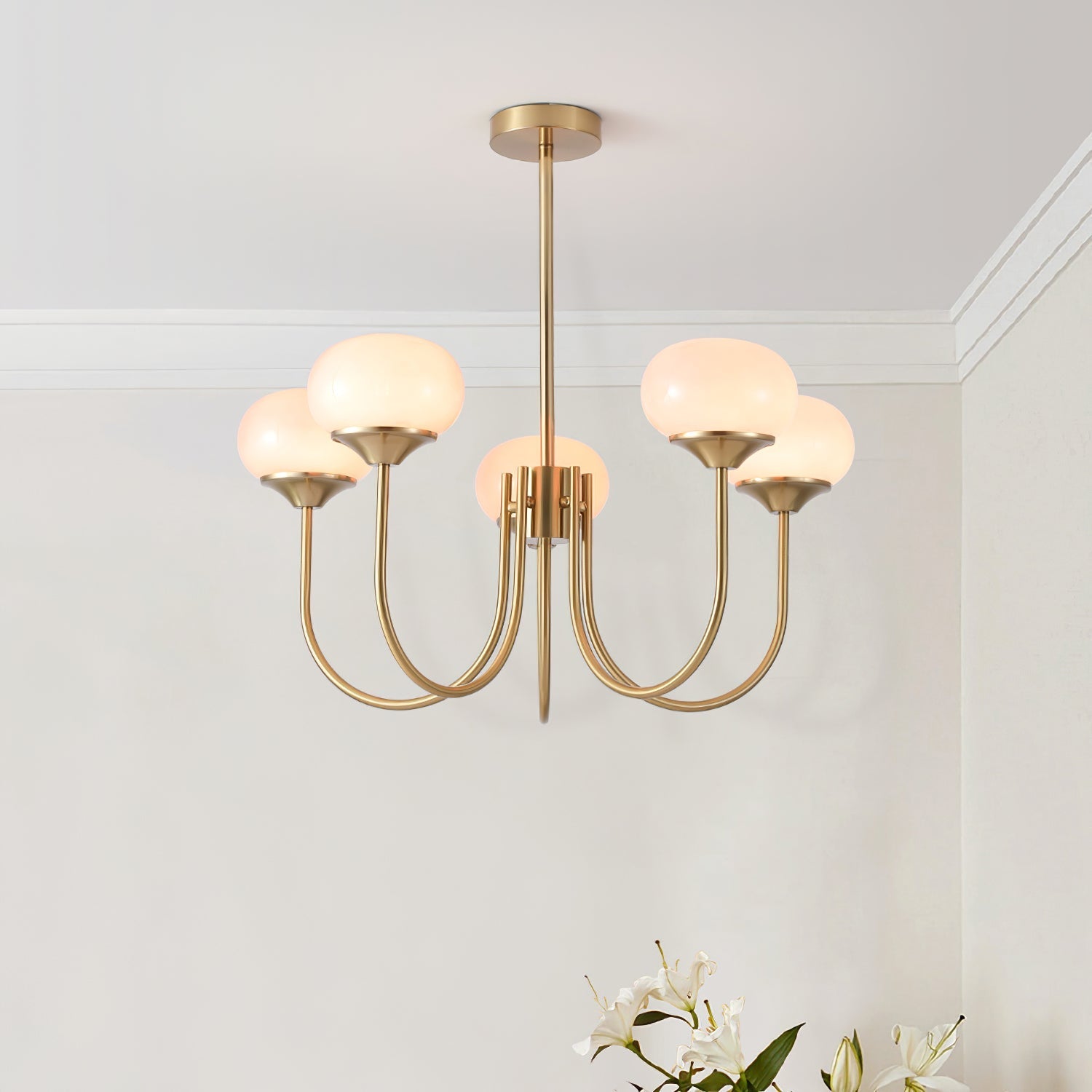 Modern Chandelier | Gold Finish with Pink Glass Shades for Dining Room 6