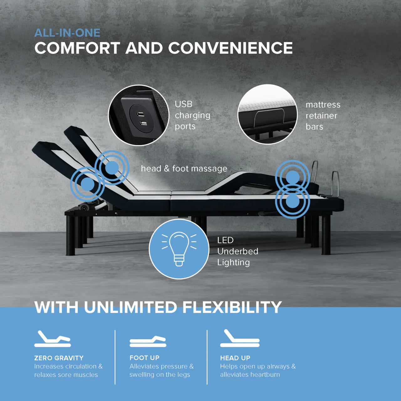 Adjustable Base- Wireless Plus - Head Foot Massage & Lights