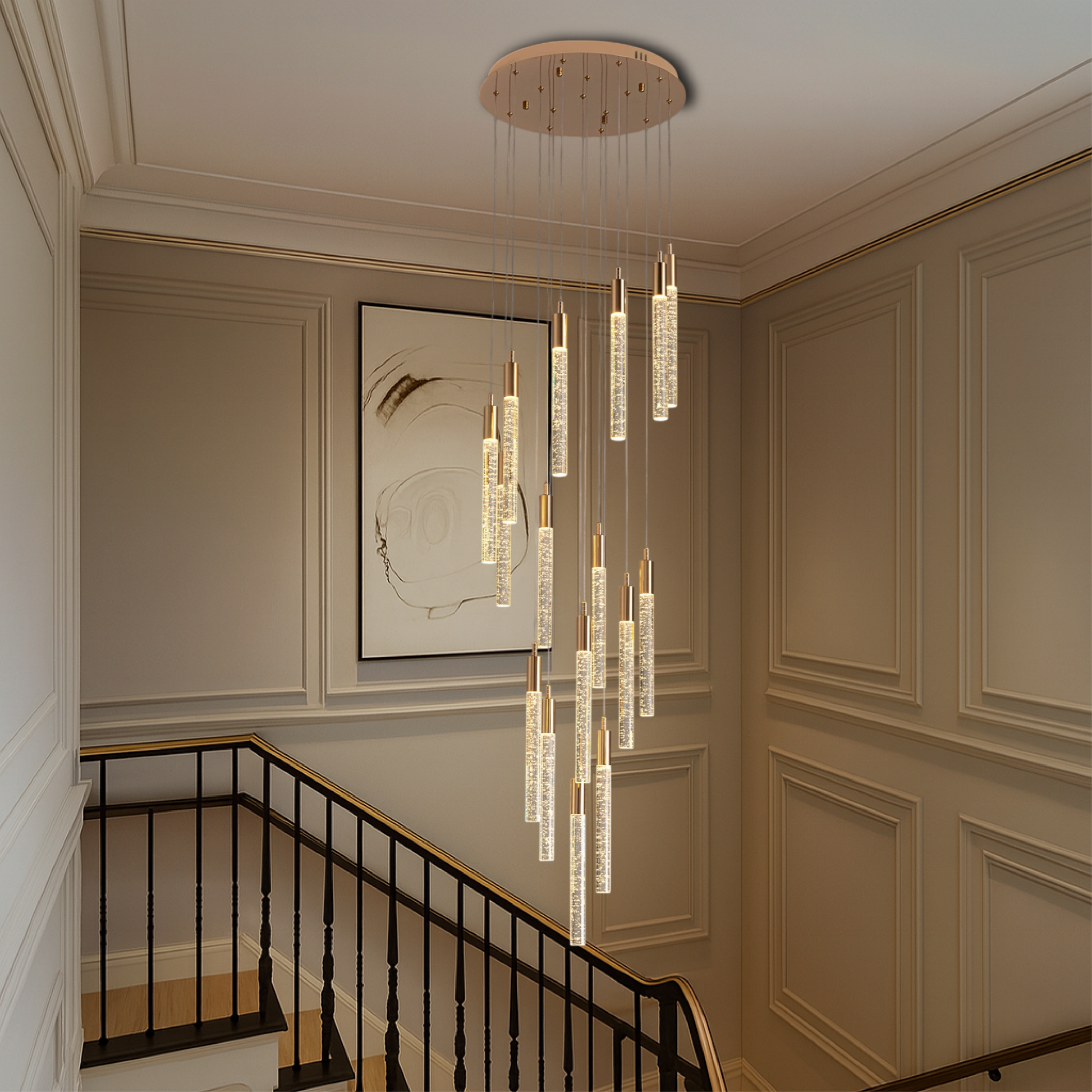 Modern Acrylic Stair Chandelier | Elegant Gold Accents with LED Lighting 1