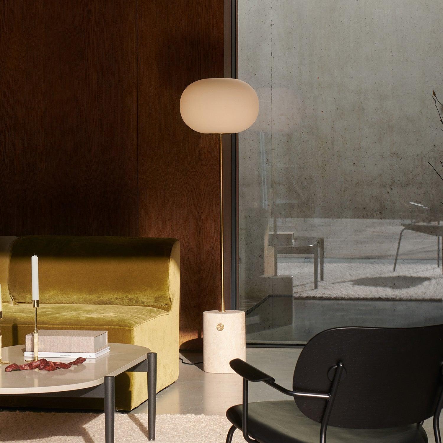 Modern Floor Lamp | Unique Yellow Travertine Base with Frosted Glass 5