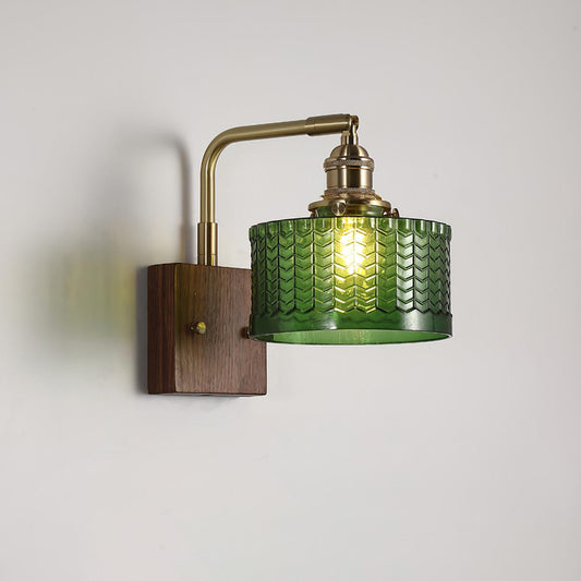 Retro Green Glass Wall Sconce | Elegant Design with Wooden Accent 0