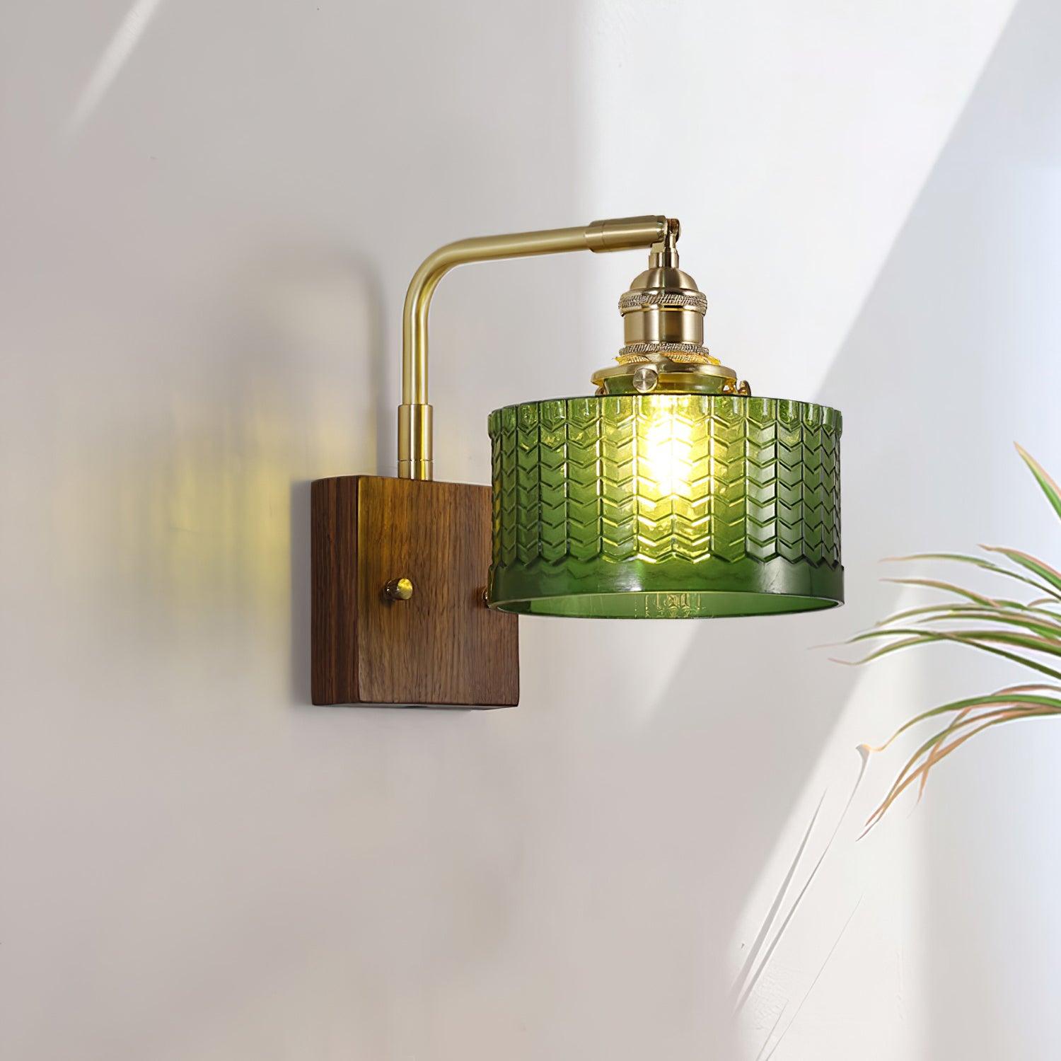 Retro Green Glass Wall Sconce | Elegant Design with Wooden Accent 2