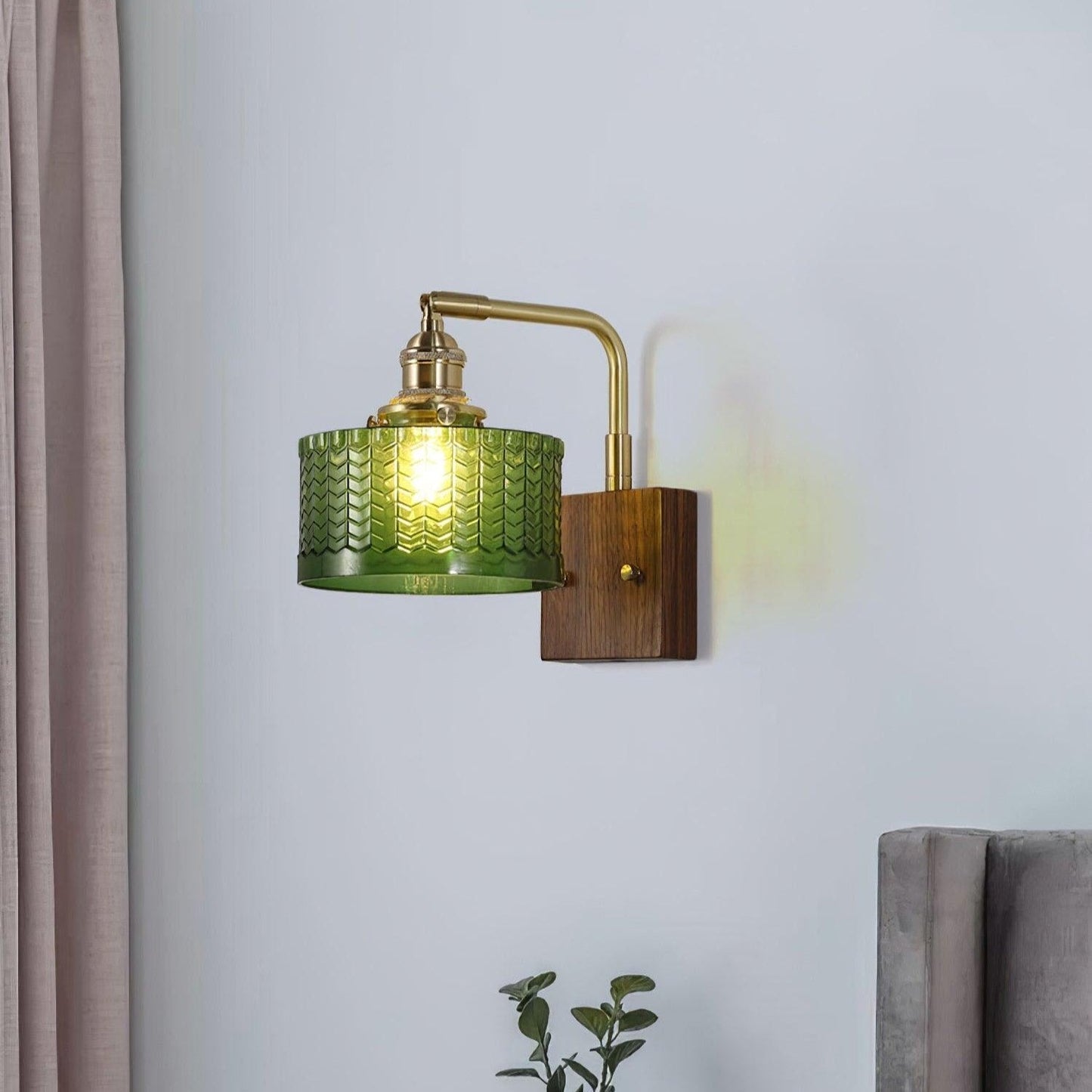 Retro Green Glass Wall Sconce | Elegant Design with Wooden Accent 4