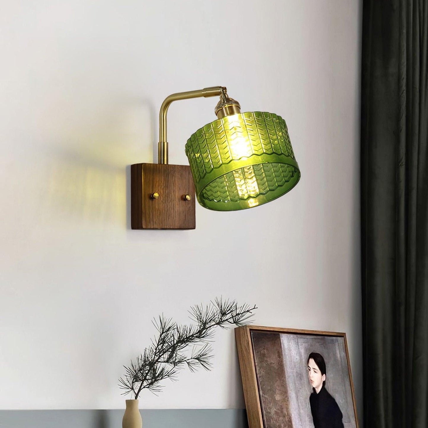 Retro Green Glass Wall Sconce | Elegant Design with Wooden Accent 6