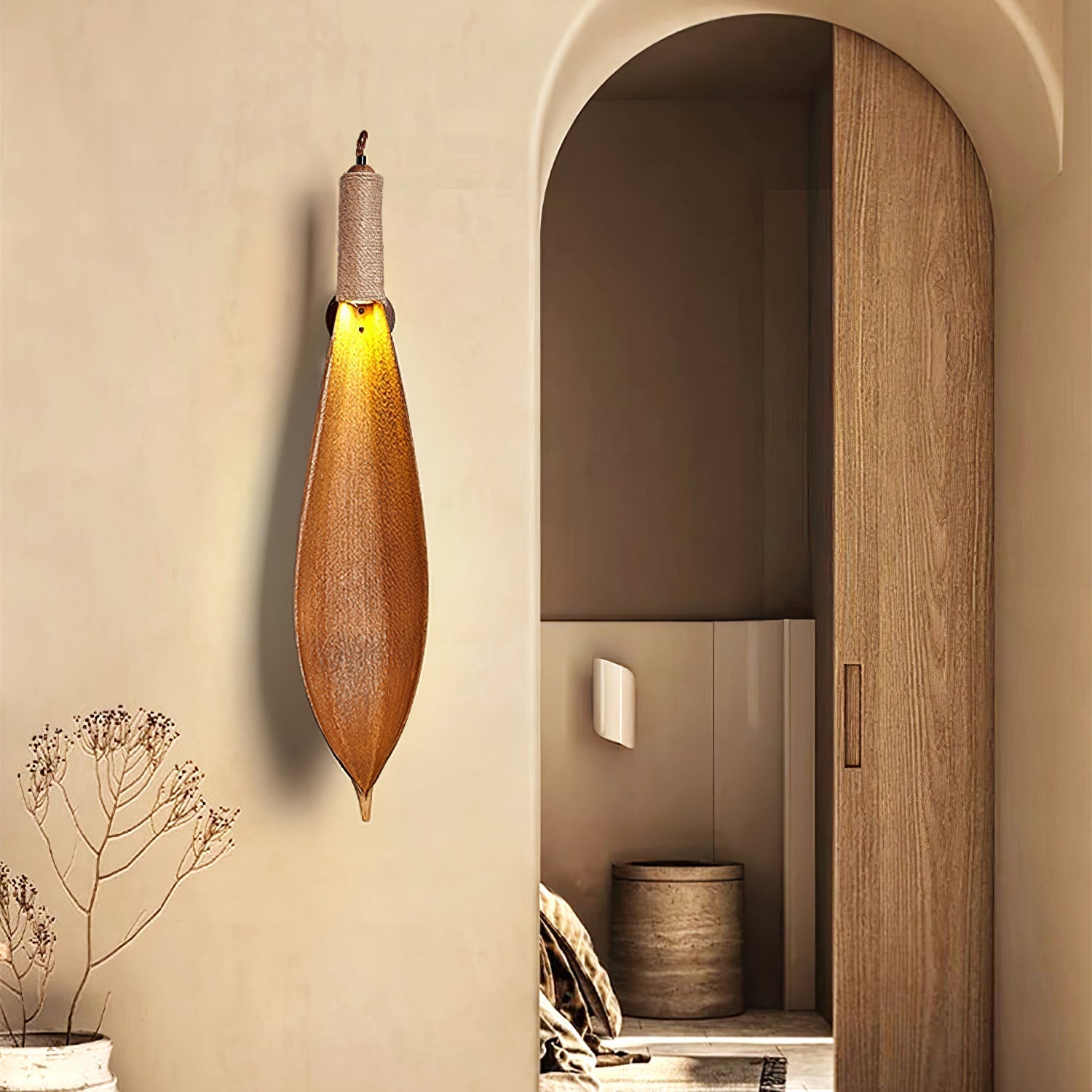 Rustic Wall Sconce Lighting | Organic Jute Design with Cocoa Leaves 7