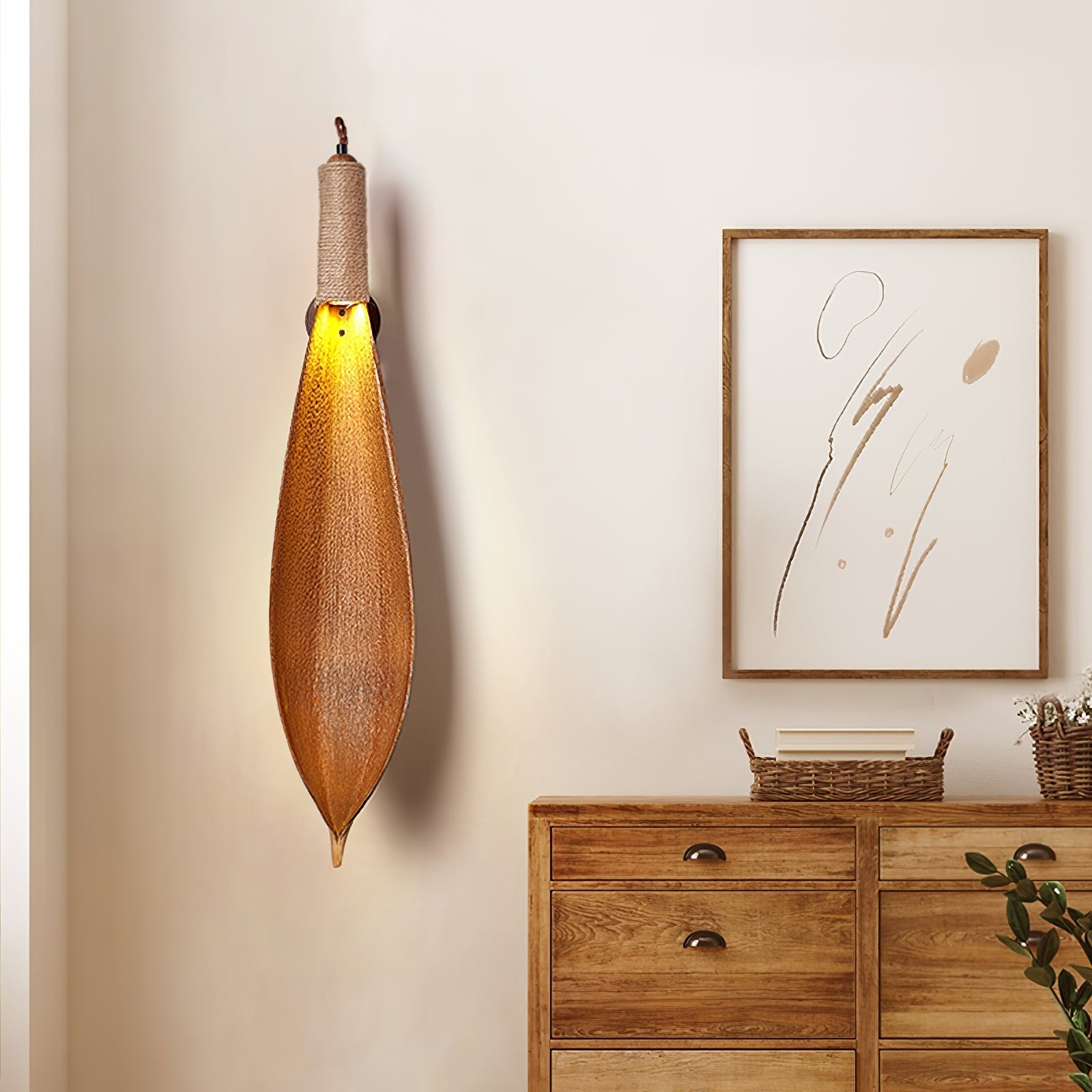 Rustic Wall Sconce Lighting | Organic Jute Design with Cocoa Leaves 8