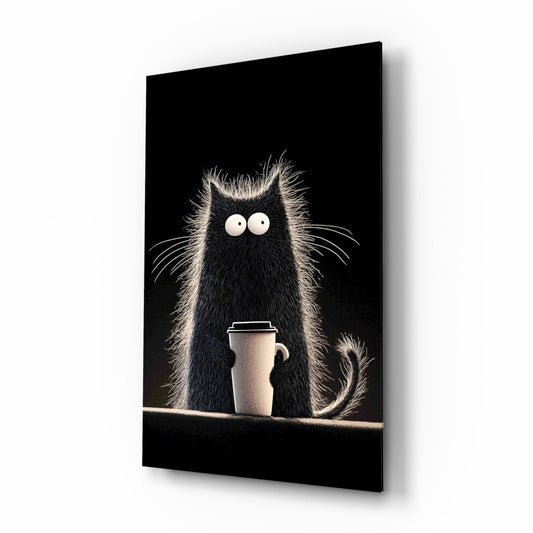 Coffee Lover Cat Glass Wall Art || Designer Collection