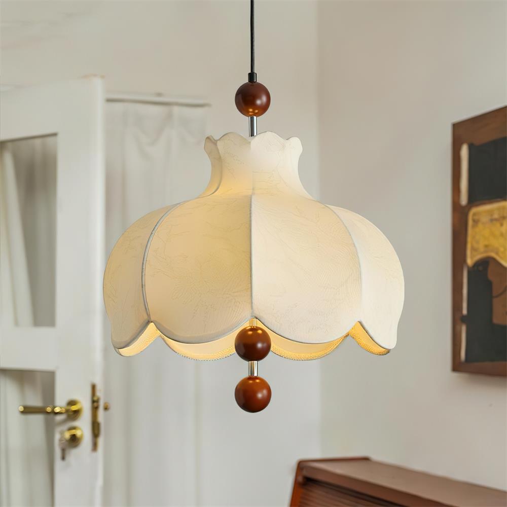 Vintage Fabric Pendant Light | Elegant Design with Wooden Beads 2