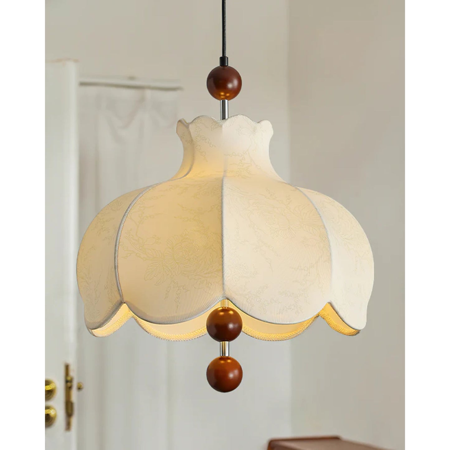 Vintage Fabric Pendant Light | Elegant Design with Wooden Beads 6
