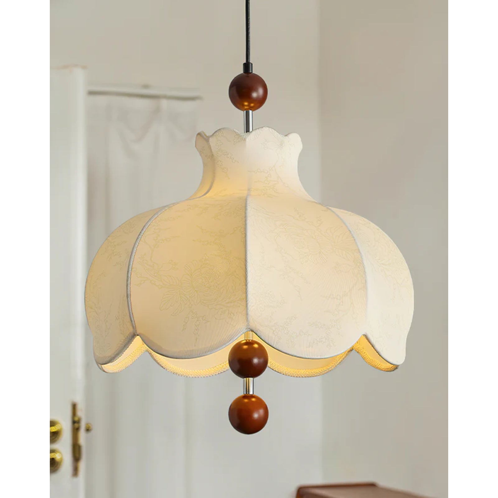 Vintage Fabric Pendant Light | Elegant Design with Wooden Beads 6