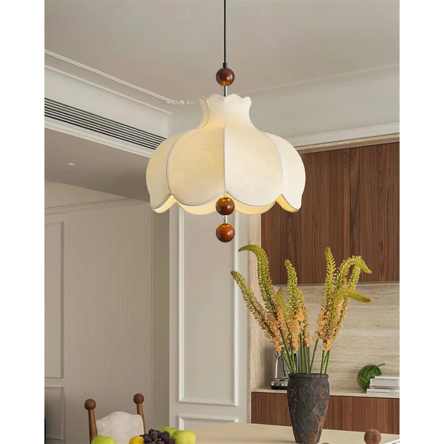 Vintage Fabric Pendant Light | Elegant Design with Wooden Beads 7