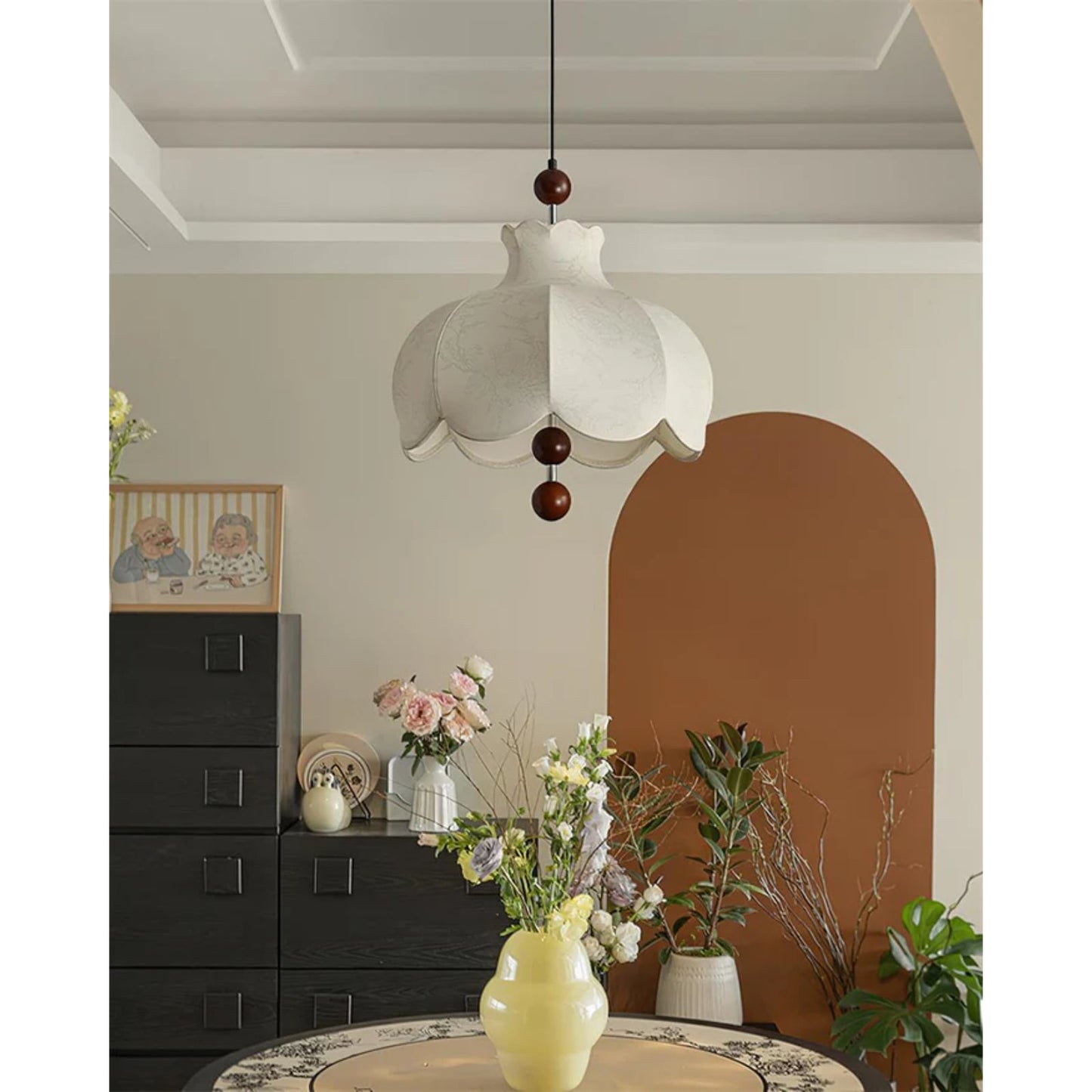Vintage Fabric Pendant Light | Elegant Design with Wooden Beads 8
